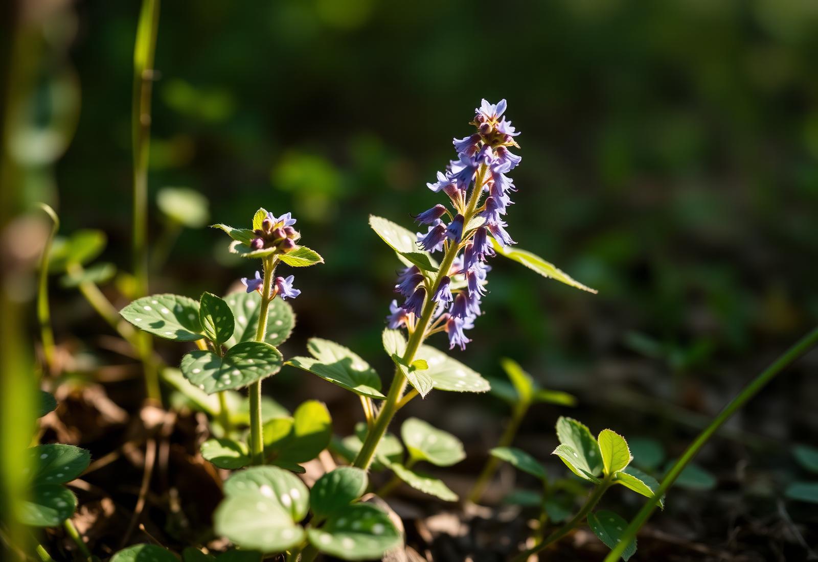 Geflecktes Lungenkraut (Pulmonaria officinalis) mit blau-violetten Blüten im Frühlingswald